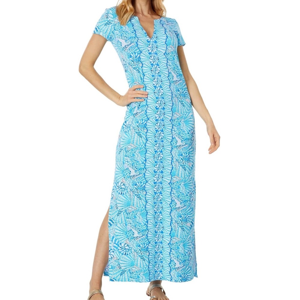 Lilly Pulitzer XXL Sophiletta Maxi Dress Blue Seashell Print Resortwear Coastal
